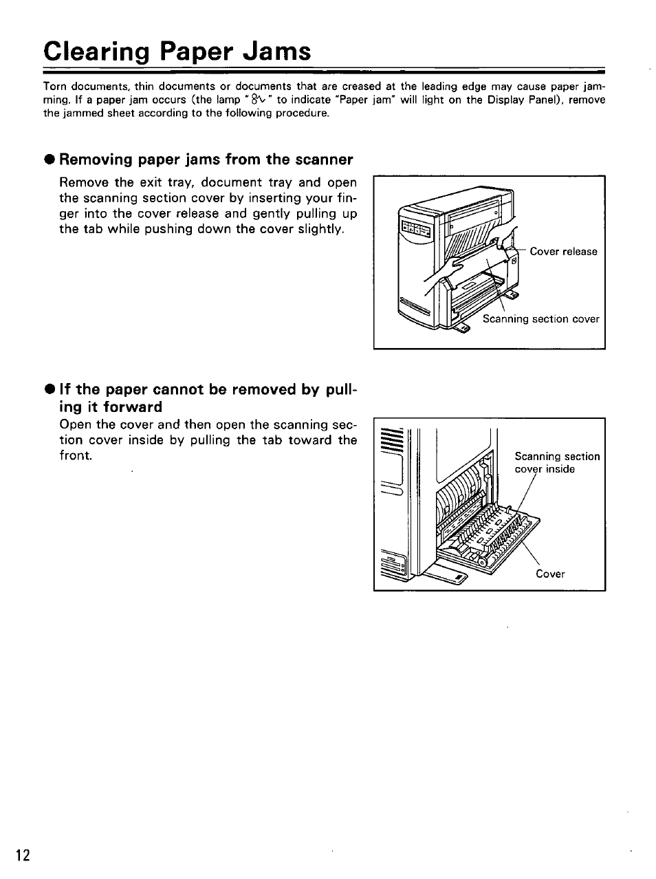 Clearing paper jams, Removing paper jams from the scanner | Panasonic KV-SS25D User Manual | Page 12 / 20