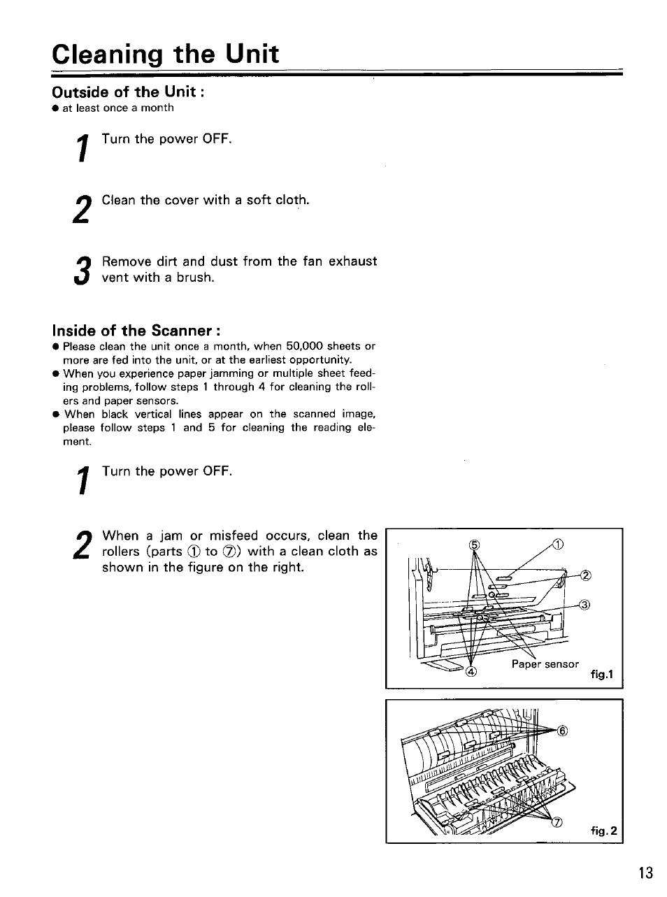 Cleaning the unit, Outside of the unit, Inside of the scanner | Panasonic KV-SS25D User Manual | Page 13 / 20