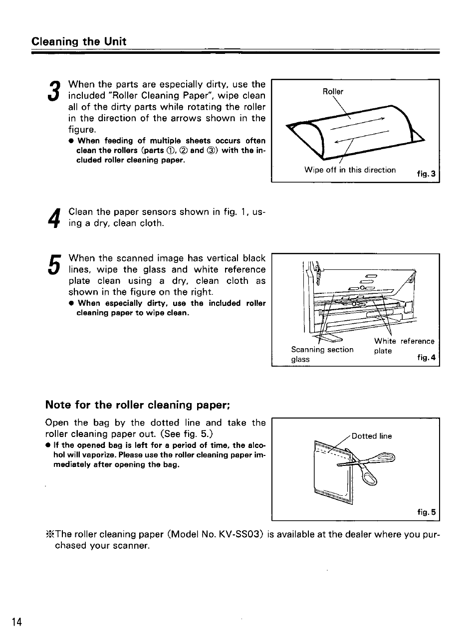 Cleaning the unit, Note for the roller cleaning paper | Panasonic KV-SS25D User Manual | Page 14 / 20