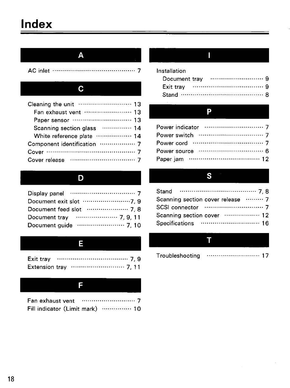 Index | Panasonic KV-SS25D User Manual | Page 18 / 20