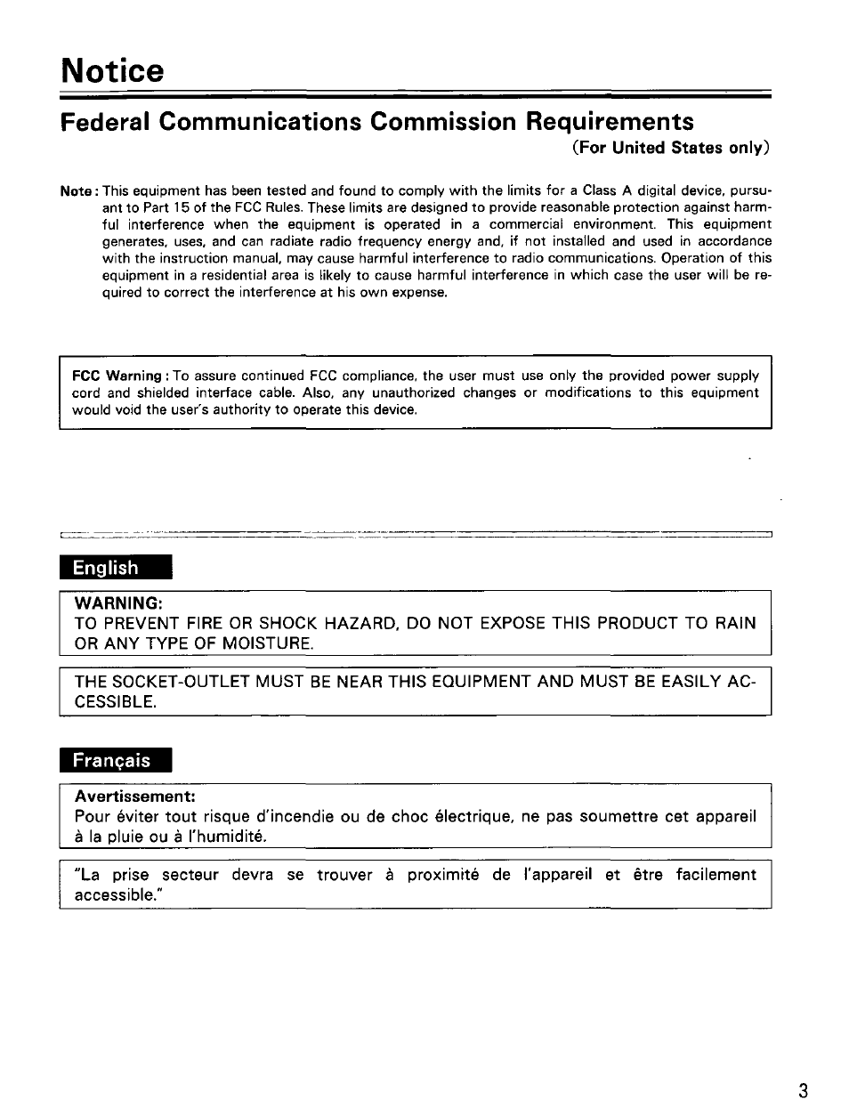 Federal communications commission requirements, For united states only), English | Warning, Français, Avertissement, Notice | Panasonic KV-SS25D User Manual | Page 3 / 20