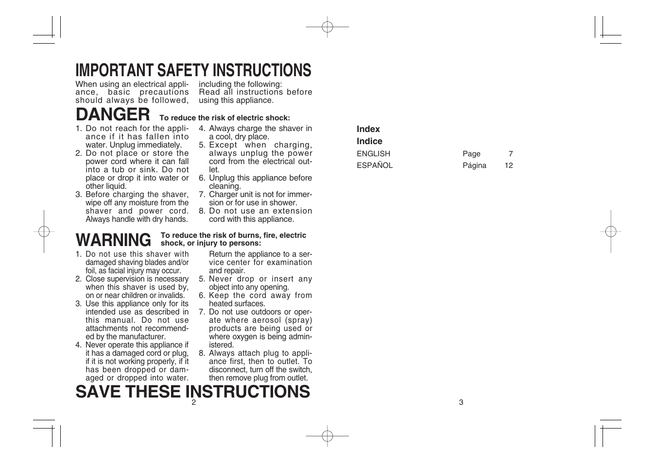 Important safety instructions, Warning, Save these instructions danger | Panasonic ES8163 User Manual | Page 2 / 10