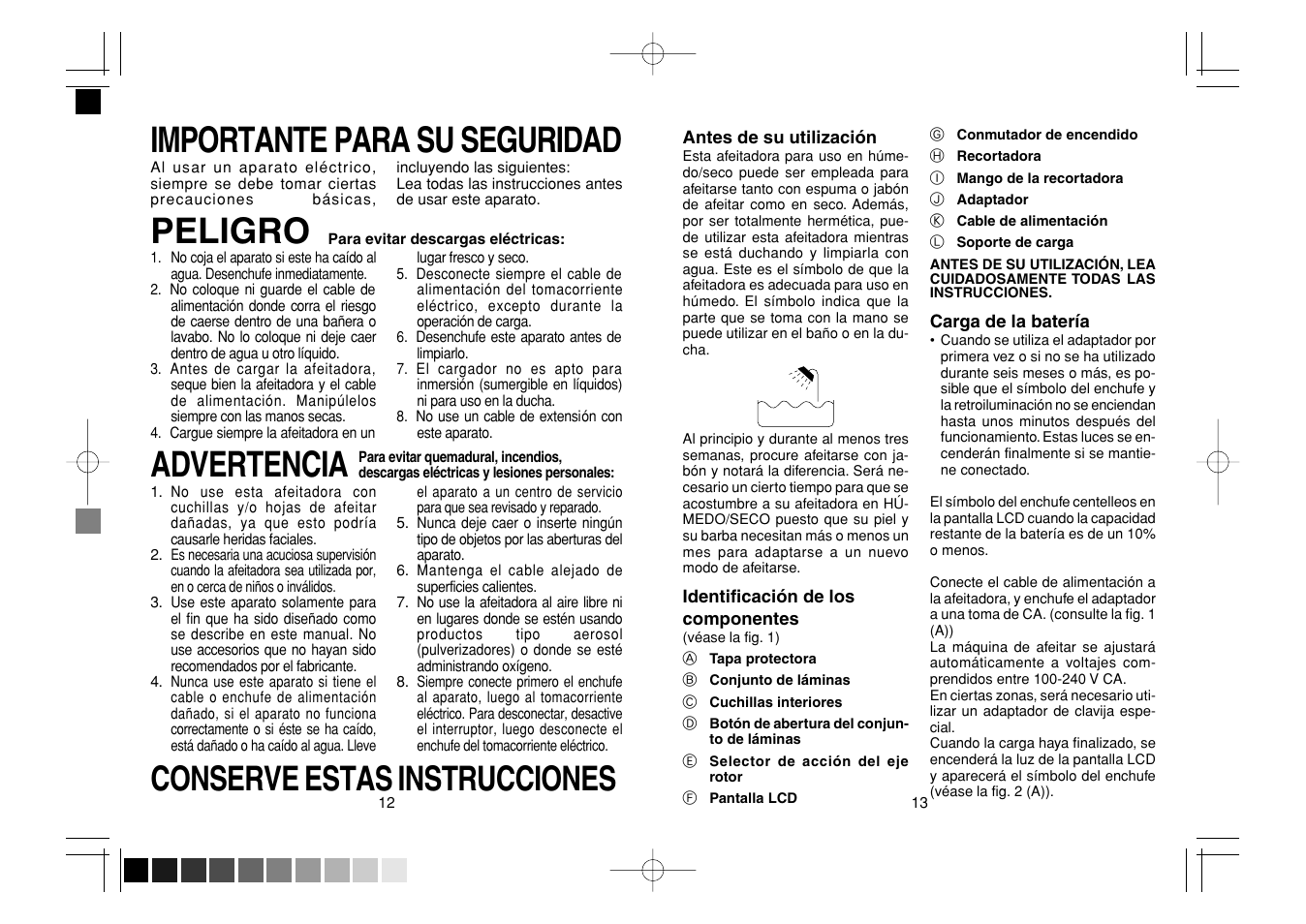 Importante para su seguridad, Peligro, Advertencia | Conserve estas instrucciones | Panasonic ES8163 User Manual | Page 7 / 10