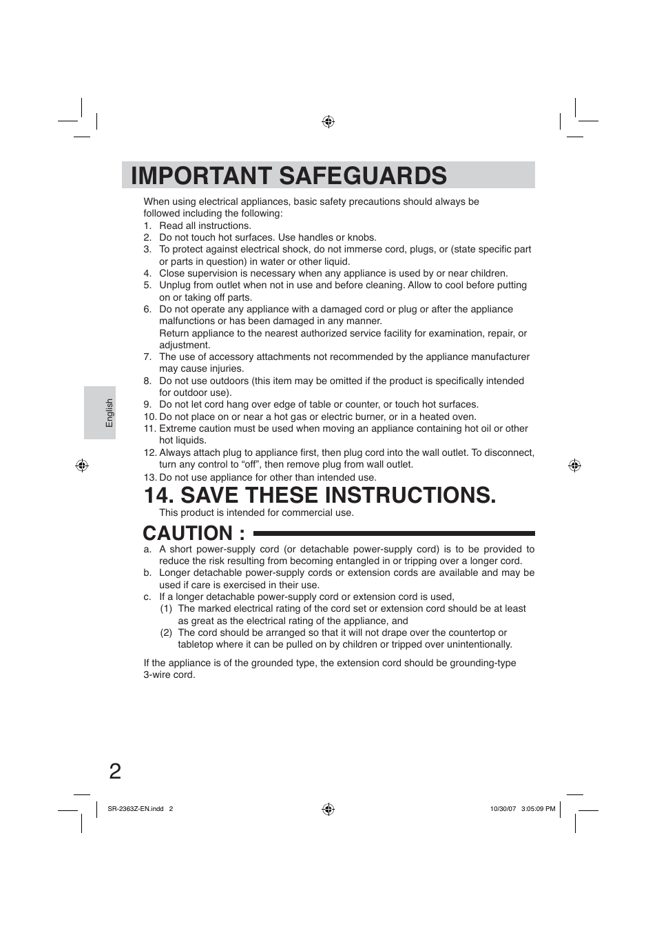 Important safeguards, Save these instructions, Caution | Panasonic SR2363Z User Manual | Page 2 / 63