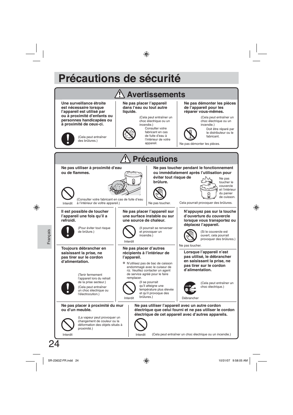 Précautions de sécurité, Précautions, Avertissements | Panasonic SR2363Z User Manual | Page 24 / 63