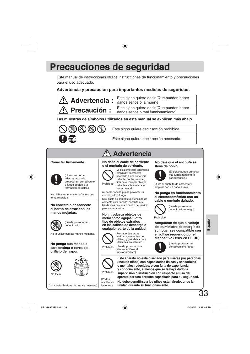 Precauciones de seguridad, Advertencia, Precaución | Panasonic SR2363Z User Manual | Page 33 / 63