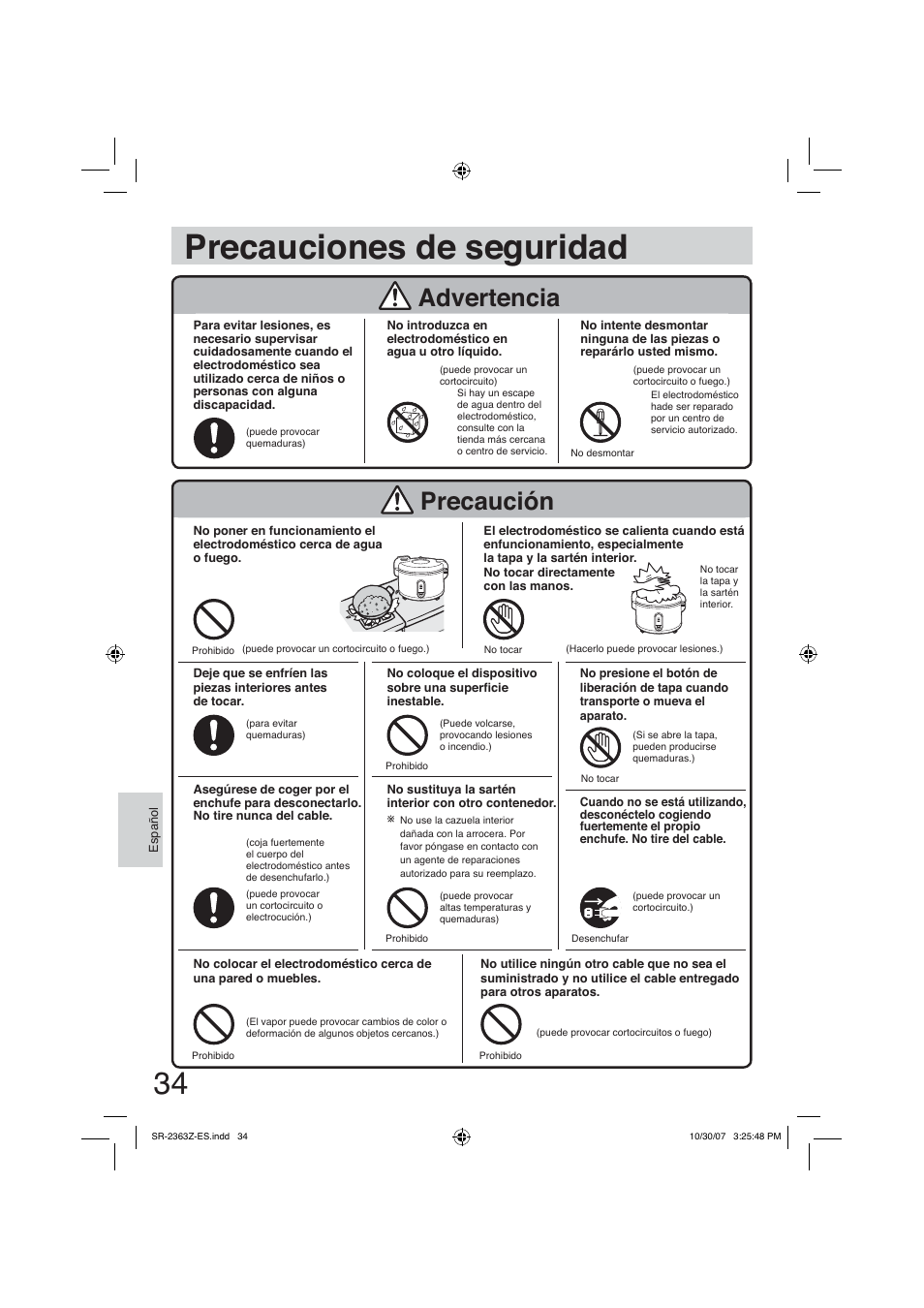 Precauciones de seguridad, Precaución, Advertencia | Panasonic SR2363Z User Manual | Page 34 / 63
