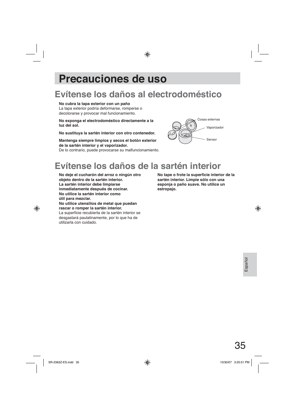 Precauciones de uso | Panasonic SR2363Z User Manual | Page 35 / 63