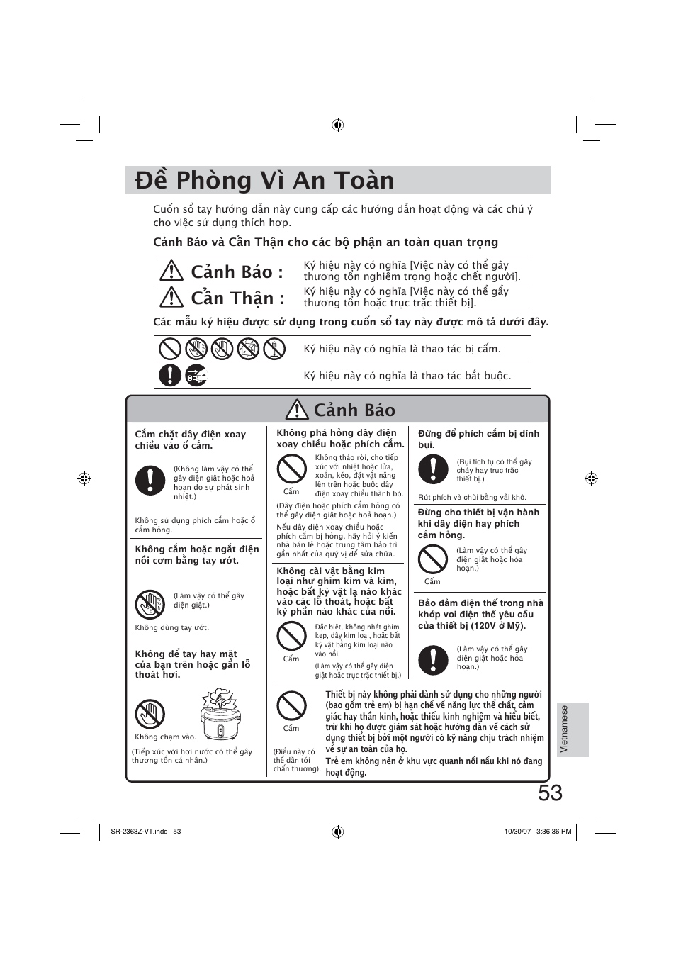 Đ͍ phòng vì an toàn, C̯nh báo, C̵n th̹n | Panasonic SR2363Z User Manual | Page 53 / 63