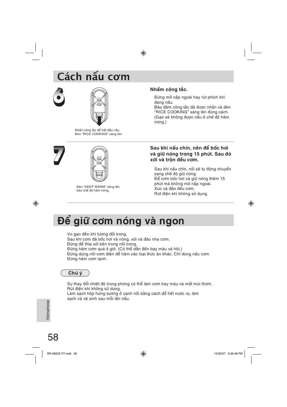 Ñeå giöõ côm noùng vaø ngon, Cách ṉu cűm | Panasonic SR2363Z User Manual | Page 58 / 63