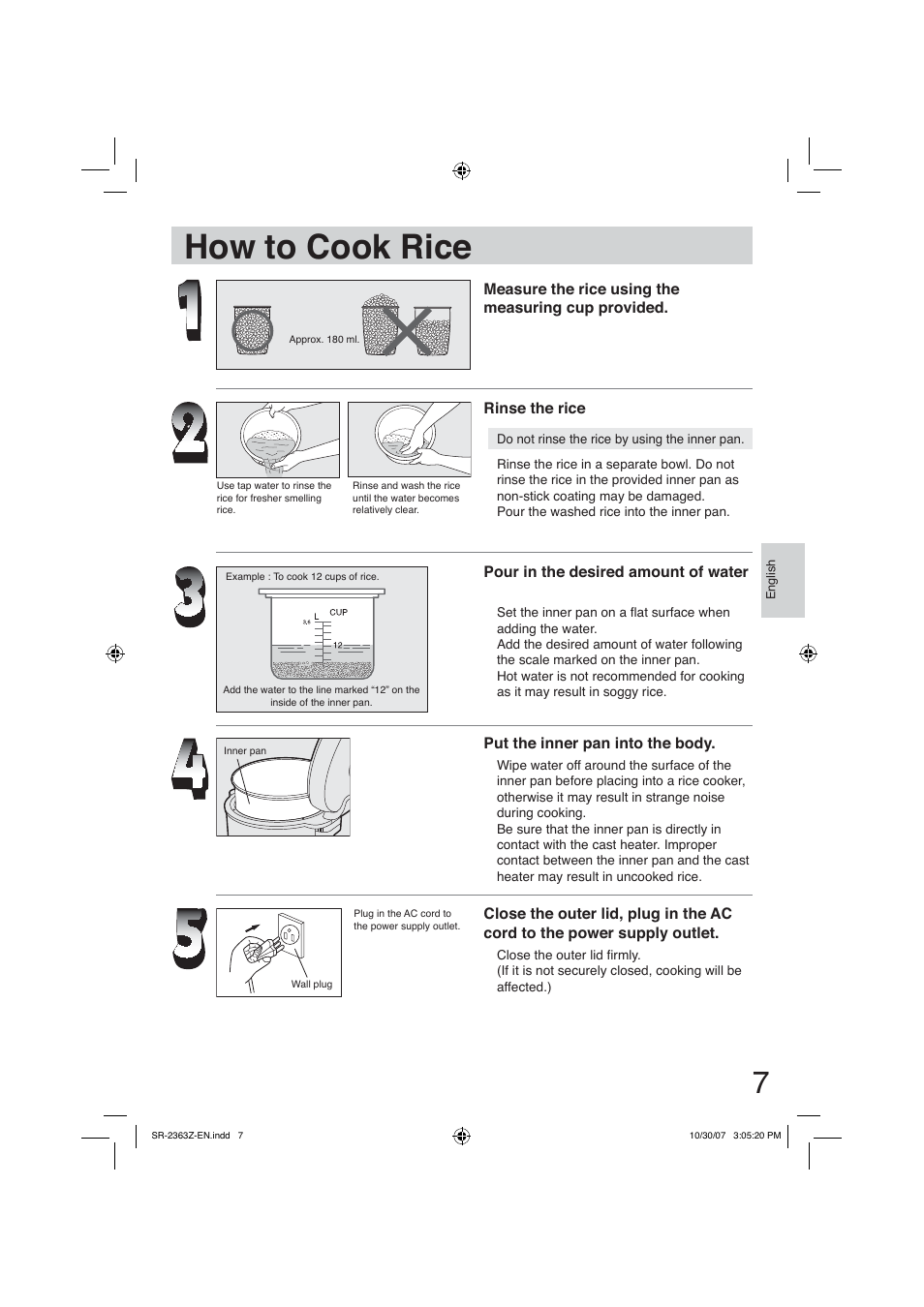 How to cook rice | Panasonic SR2363Z User Manual | Page 7 / 63
