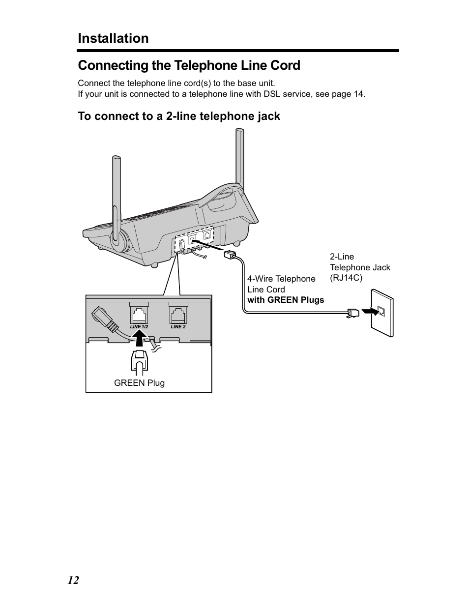 Connecting the telephone line cord, Installation | Panasonic KX-TG5480 User Manual | Page 12 / 100