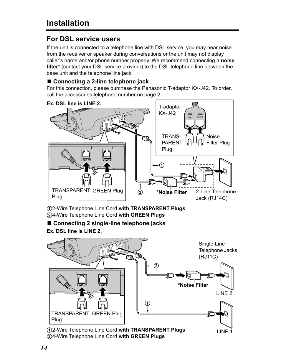 Installation, 14 for dsl service users | Panasonic KX-TG5480 User Manual | Page 14 / 100