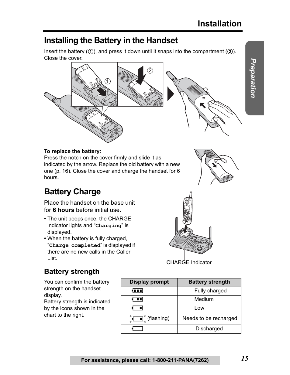 Installing the battery in the handset, Battery charge, Installation | Preparation, Battery strength | Panasonic KX-TG5480 User Manual | Page 15 / 100