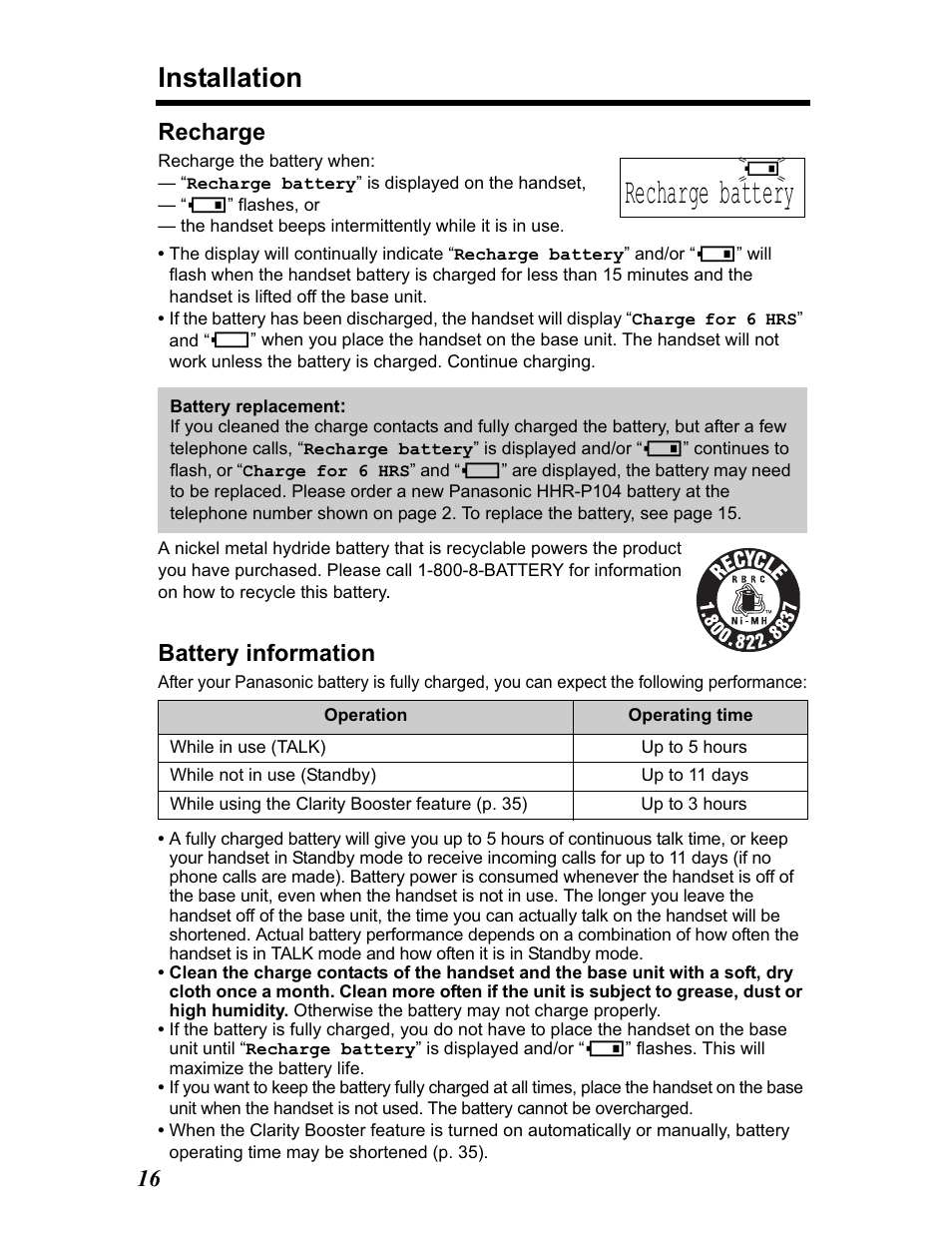 Recharge battery, Installation, 16 recharge | Battery information | Panasonic KX-TG5480 User Manual | Page 16 / 100