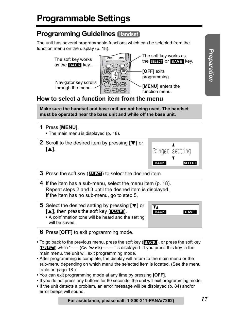 Programmable settings, Programming guidelines, Ringer setting | How to select a function item from the menu, Handset | Panasonic KX-TG5480 User Manual | Page 17 / 100