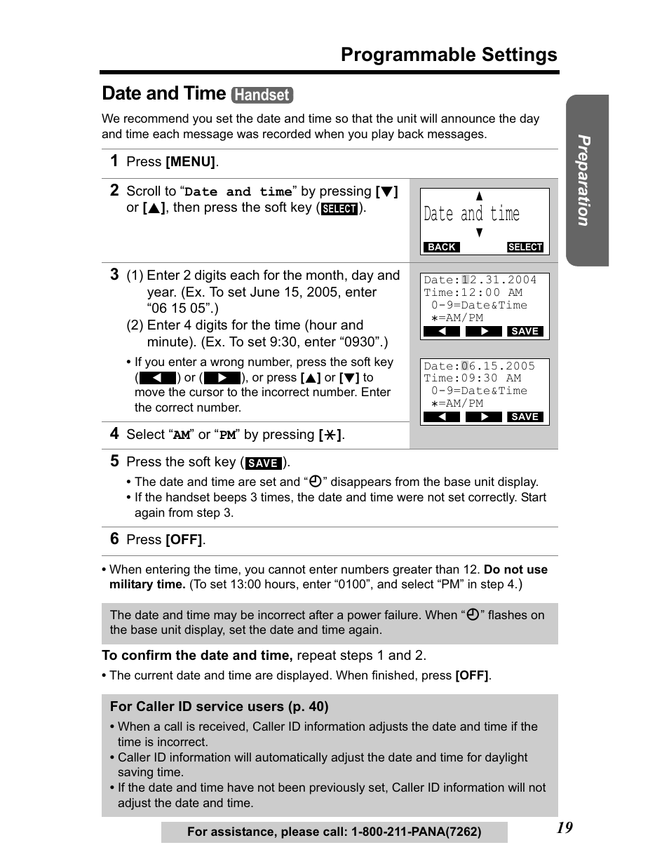 Date and time, Programmable settings, Preparation | Handset | Panasonic KX-TG5480 User Manual | Page 19 / 100