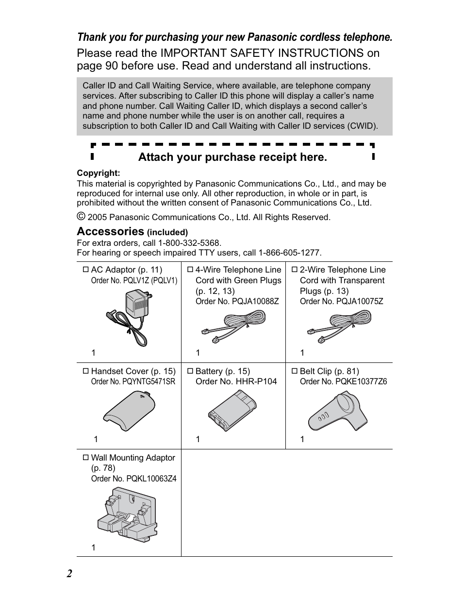 Accessories, Attach your purchase receipt here | Panasonic KX-TG5480 User Manual | Page 2 / 100