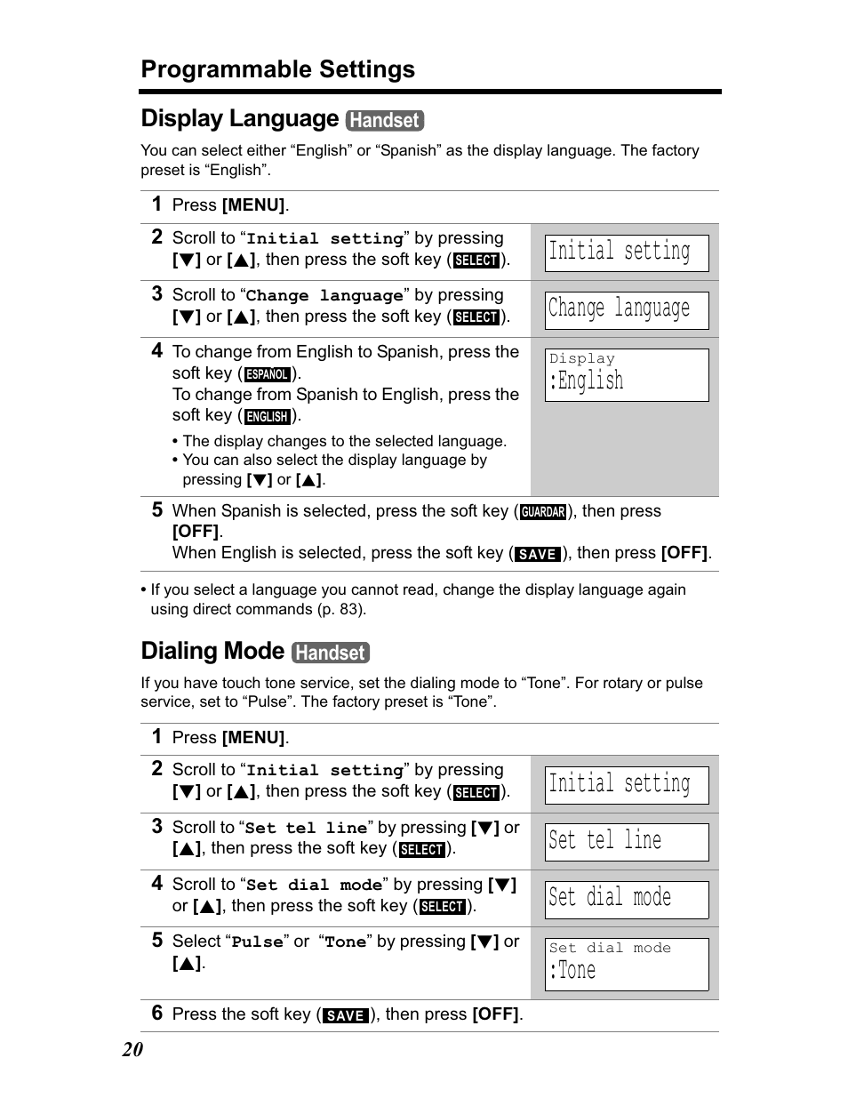 Display language, Dialing mode, Initial setting | Change language, English, Set tel line, Set dial mode, Tone, Programmable settings | Panasonic KX-TG5480 User Manual | Page 20 / 100