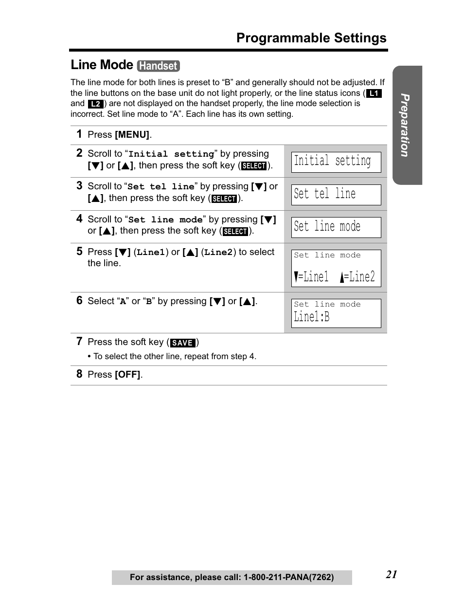 Line mode, Initial setting, Set tel line | Set line mode, Line1, Line2, Line1:b, Programmable settings | Panasonic KX-TG5480 User Manual | Page 21 / 100