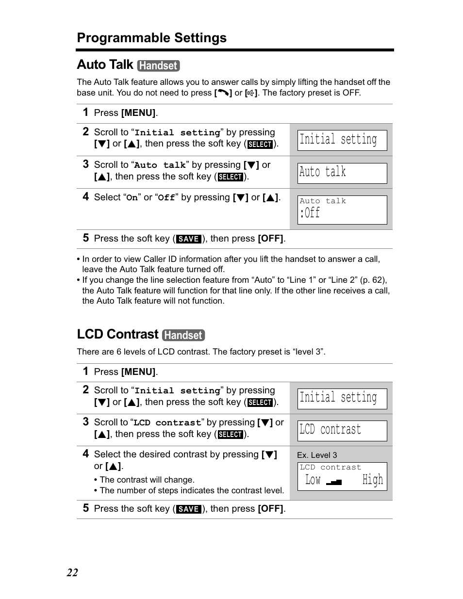 Auto talk, Lcd contrast, Initial setting | Low high, Programmable settings | Panasonic KX-TG5480 User Manual | Page 22 / 100