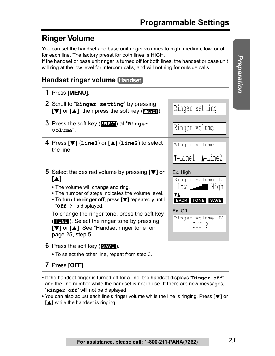 Ringer volume, Ringer setting, Line1 | Line2, Low high, Programmable settings | Panasonic KX-TG5480 User Manual | Page 23 / 100