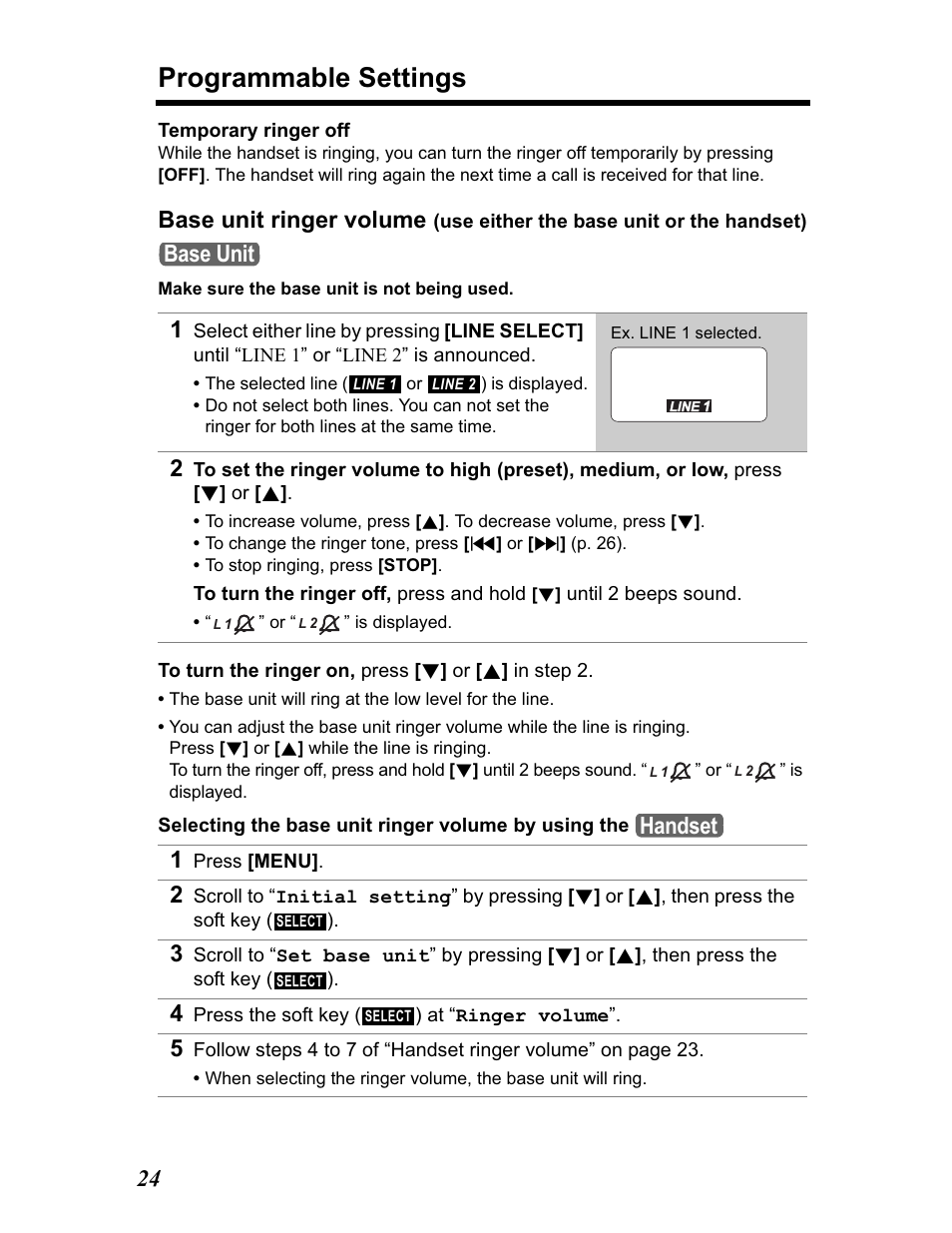 Programmable settings, Base unit ringer volume, Base unit | Handset | Panasonic KX-TG5480 User Manual | Page 24 / 100