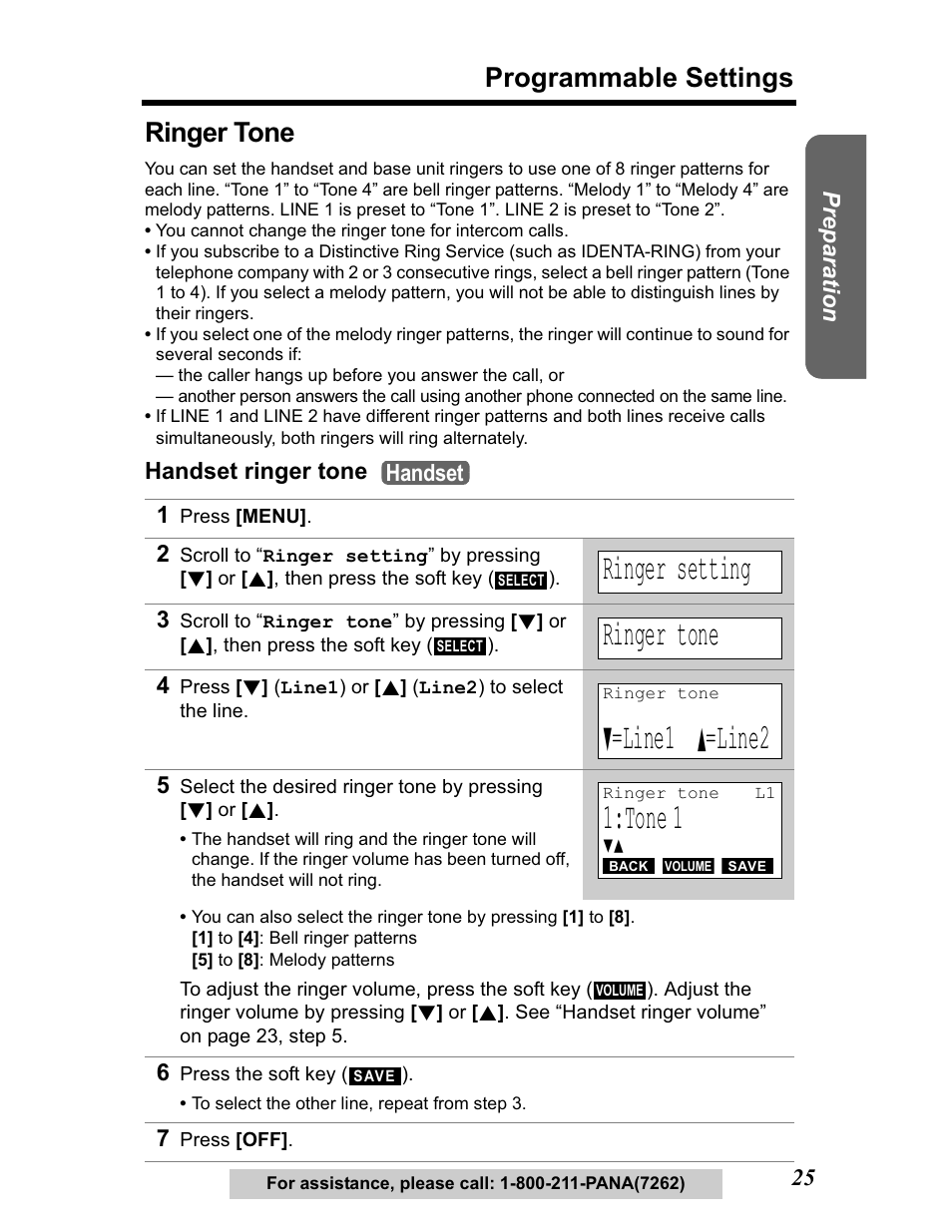 Ringer tone, Ringer setting, Line1 | Line2, Tone 1, Programmable settings | Panasonic KX-TG5480 User Manual | Page 25 / 100