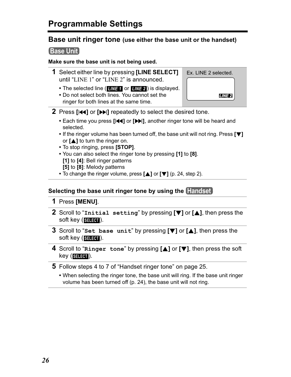 Programmable settings, 26 base unit ringer tone, Base unit | Handset | Panasonic KX-TG5480 User Manual | Page 26 / 100