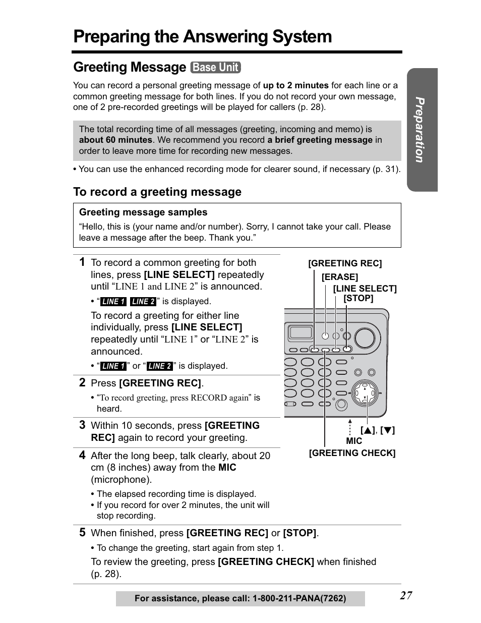 Preparing the answering system, Greeting message, Base unit | Panasonic KX-TG5480 User Manual | Page 27 / 100
