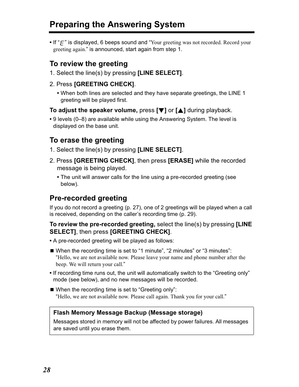 Preparing the answering system, Pre-recorded greeting | Panasonic KX-TG5480 User Manual | Page 28 / 100