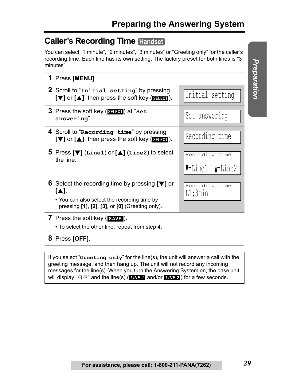 Caller's recording time, Initial setting, Set answering | Recording time, Line1, Line2, L1:3min, Preparing the answering system, Caller’s recording time | Panasonic KX-TG5480 User Manual | Page 29 / 100