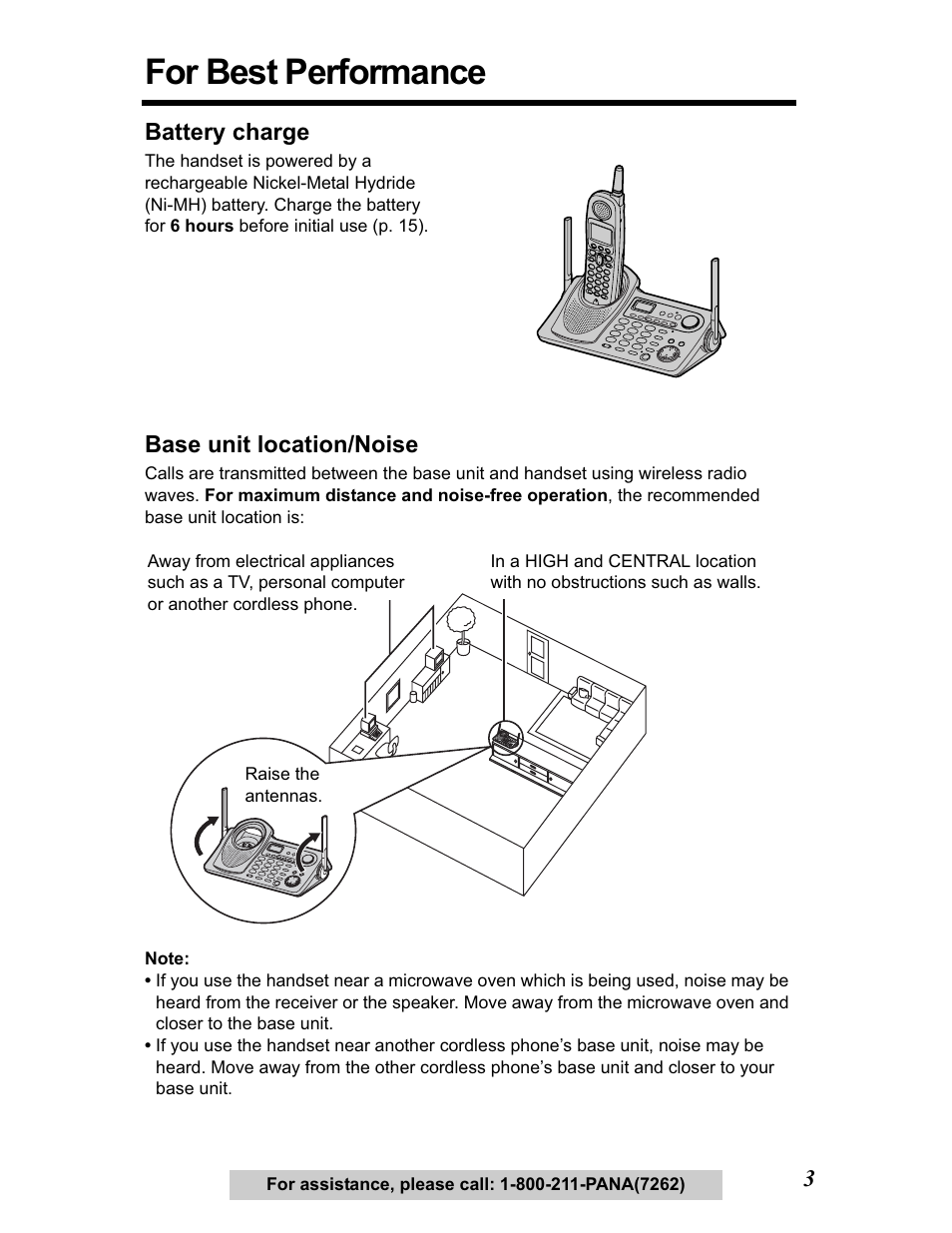 For best performance, Battery charge, Base unit location/noise | Panasonic KX-TG5480 User Manual | Page 3 / 100