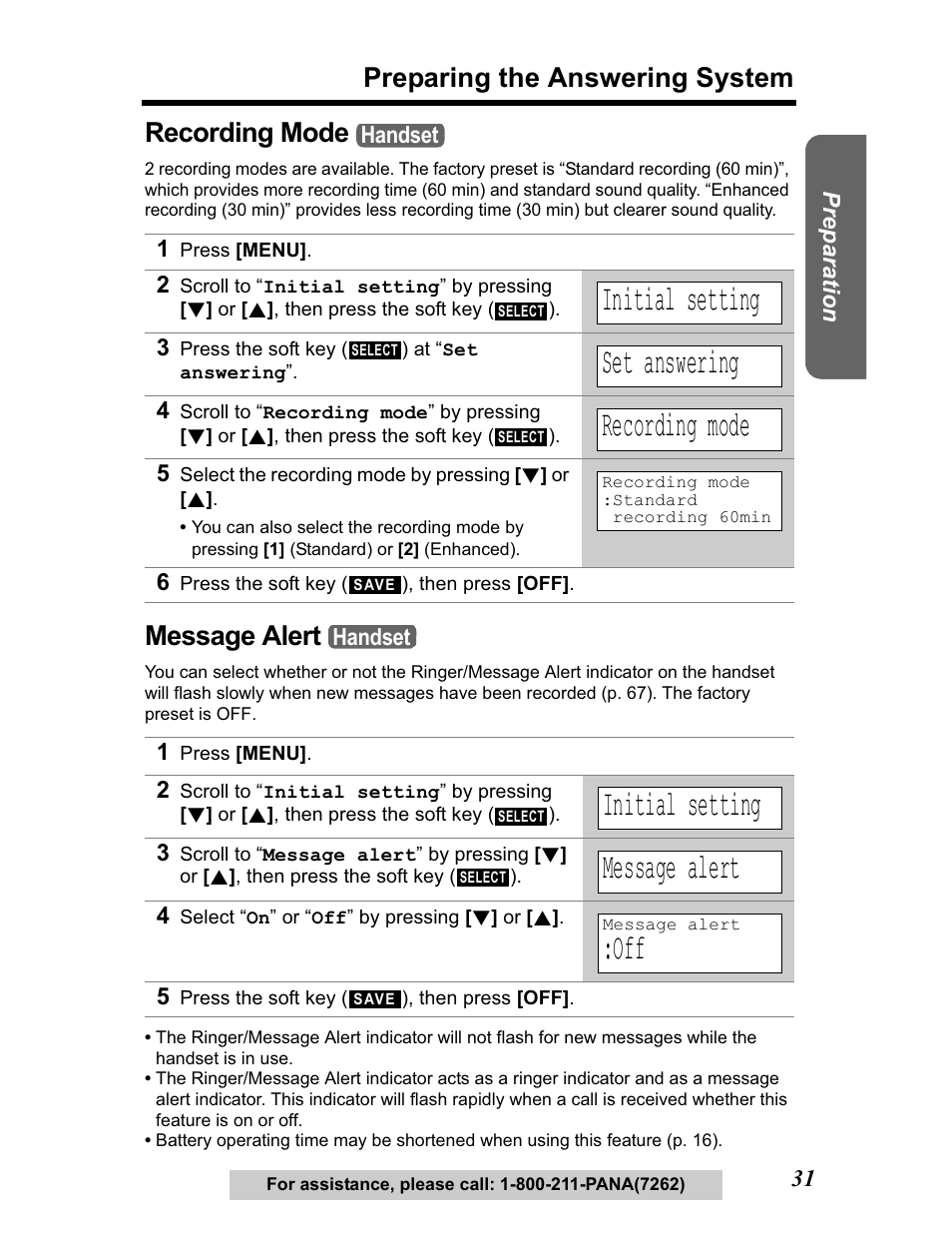 Recording mode, Message alert, Initial setting | Set answering, Preparing the answering system | Panasonic KX-TG5480 User Manual | Page 31 / 100