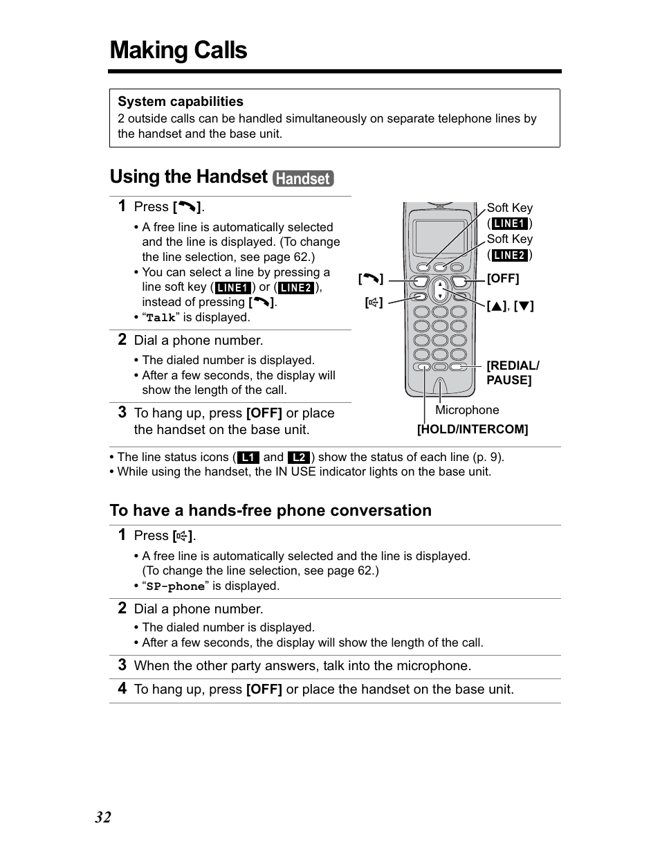 Making calls, Using the handset, Handset | Panasonic KX-TG5480 User Manual | Page 32 / 100