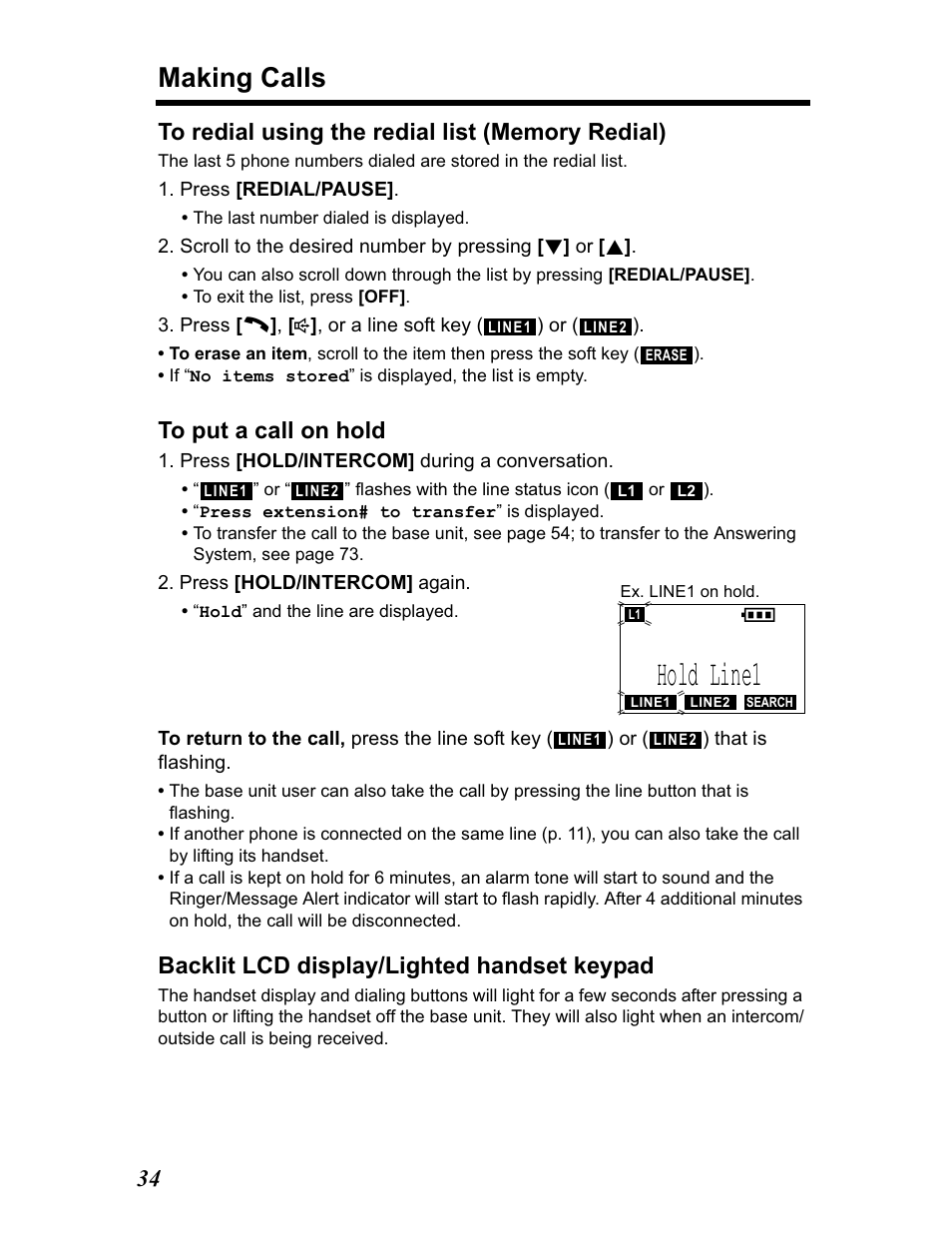 Hold line1, Making calls, Backlit lcd display/lighted handset keypad | Panasonic KX-TG5480 User Manual | Page 34 / 100