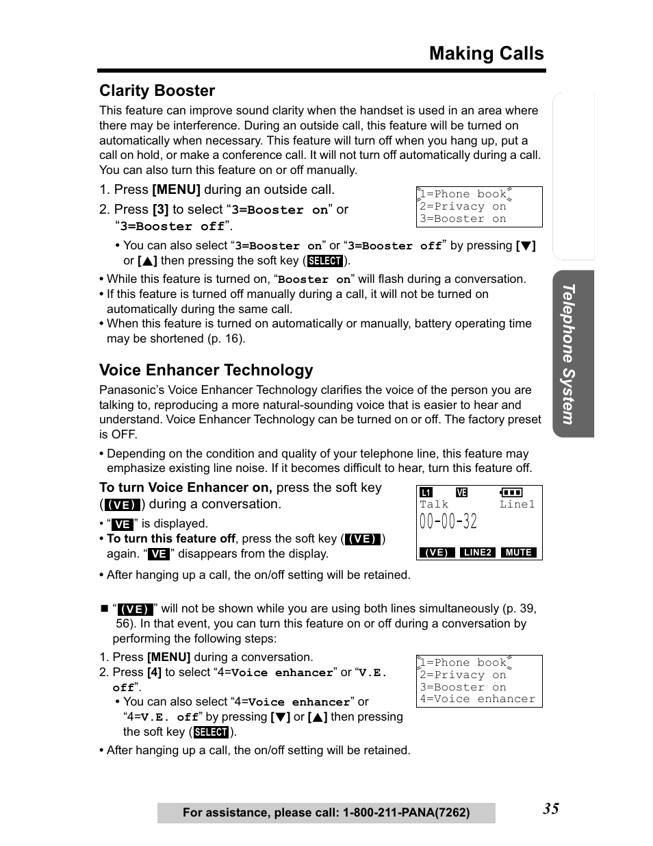 Making calls, Te lephone system, Clarity booster | Voice enhancer technology | Panasonic KX-TG5480 User Manual | Page 35 / 100