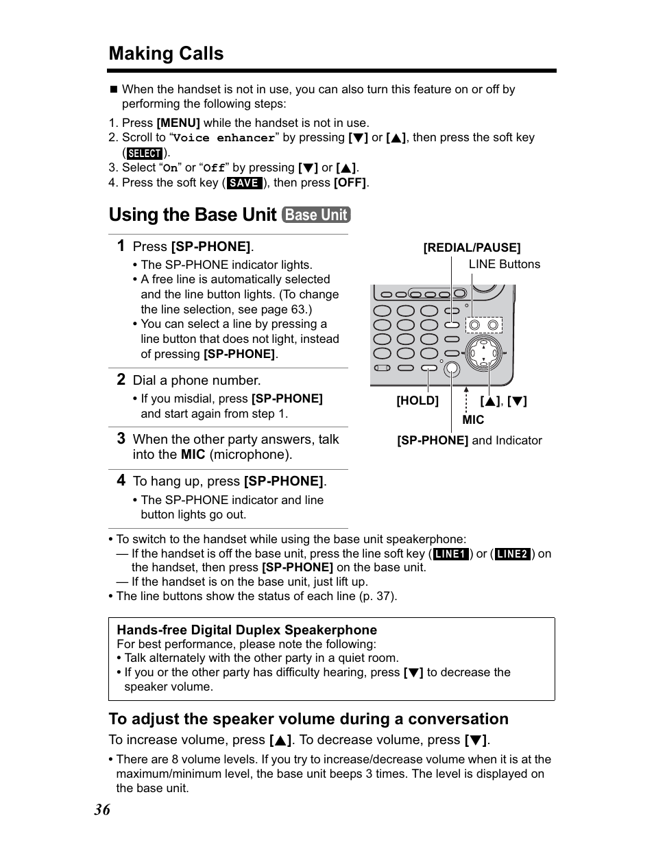 Using the base unit, Making calls, Base unit | Panasonic KX-TG5480 User Manual | Page 36 / 100