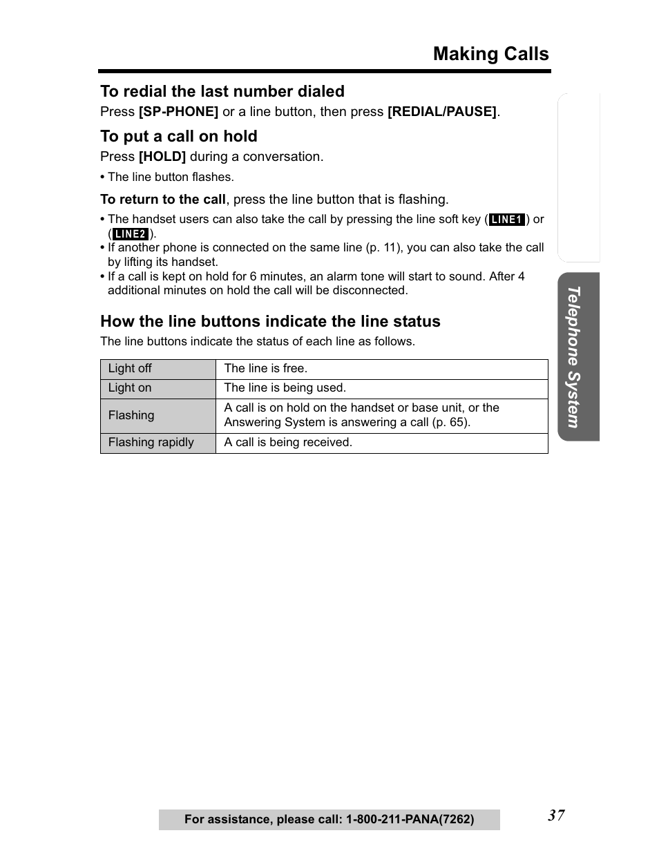 Making calls, Te lephone system, How the line buttons indicate the line status | Panasonic KX-TG5480 User Manual | Page 37 / 100