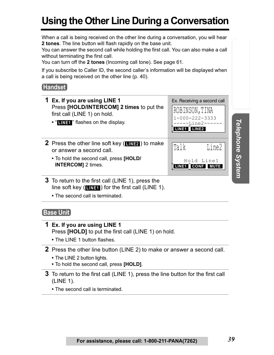 Using the other line during a conversation, Robinson,tina, Talk line2 | Panasonic KX-TG5480 User Manual | Page 39 / 100