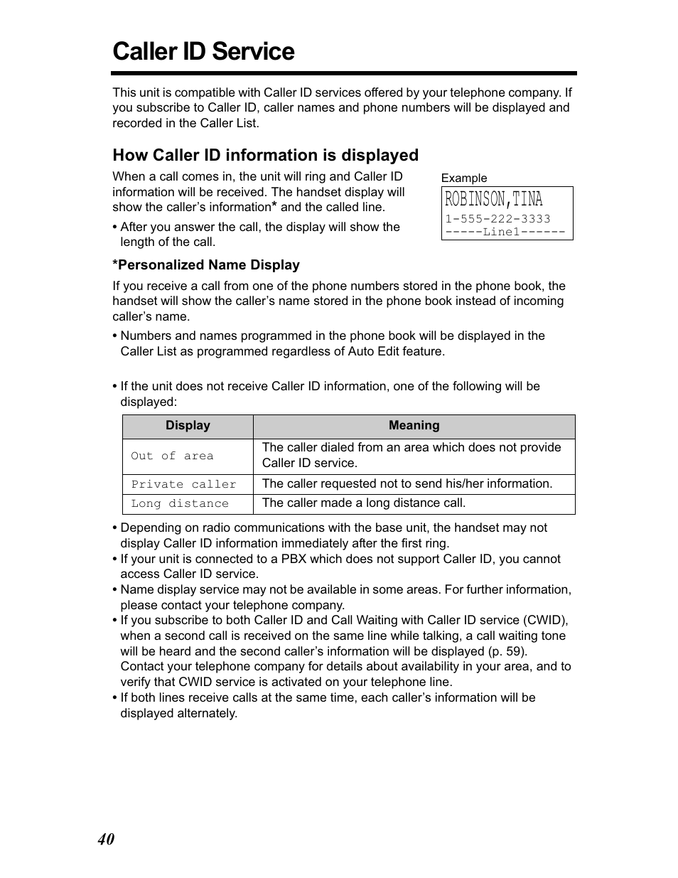 Caller id service, Robinson,tina, How caller id information is displayed | Panasonic KX-TG5480 User Manual | Page 40 / 100