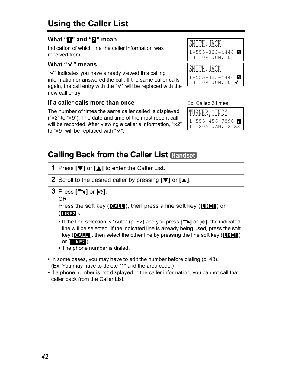 Calling back from the caller list, Smith,jack, Turner,cindy | Using the caller list, Handset | Panasonic KX-TG5480 User Manual | Page 42 / 100