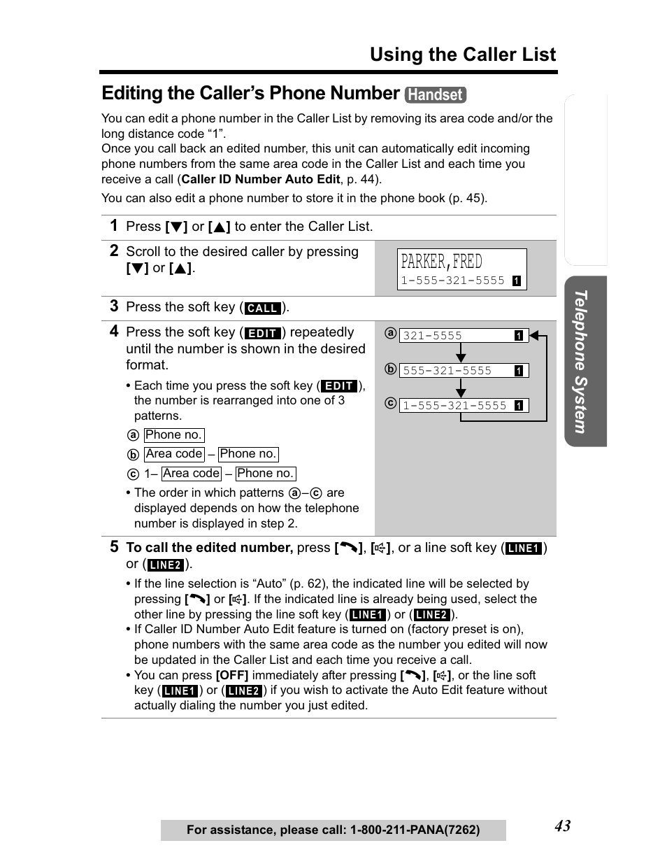 Editing the caller's phone number, Parker,fred, Using the caller list | Editing the caller’s phone number, Te lephone system, Handset | Panasonic KX-TG5480 User Manual | Page 43 / 100