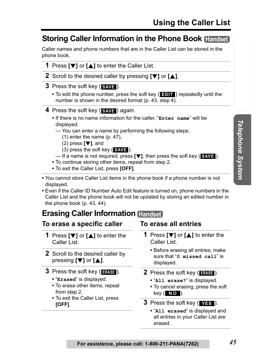 Storing caller information in the phone book, Erasing caller information, Using the caller list | Te lephone system, Handset, Handset 1 | Panasonic KX-TG5480 User Manual | Page 45 / 100