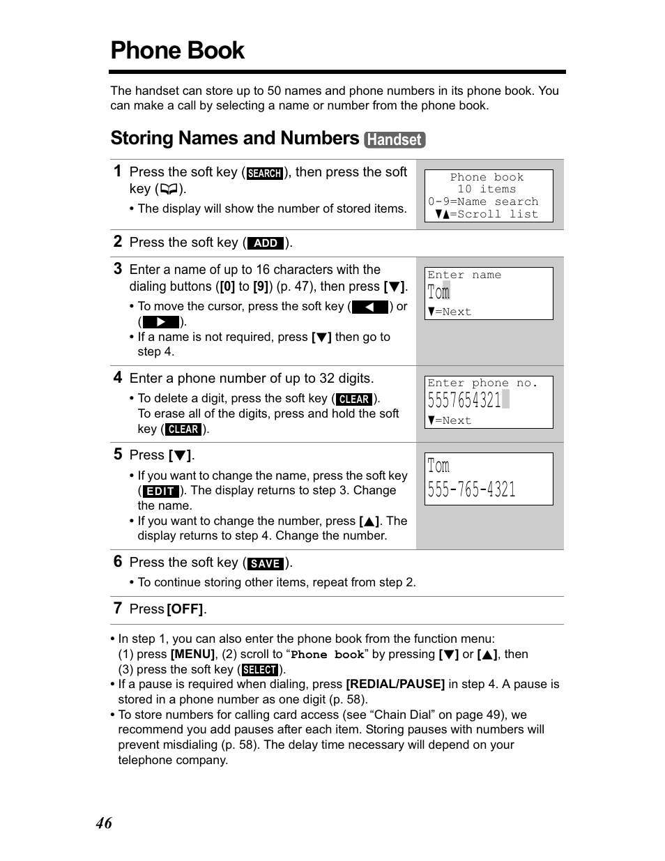 Phone book, Storing names and numbers | Panasonic KX-TG5480 User Manual | Page 46 / 100