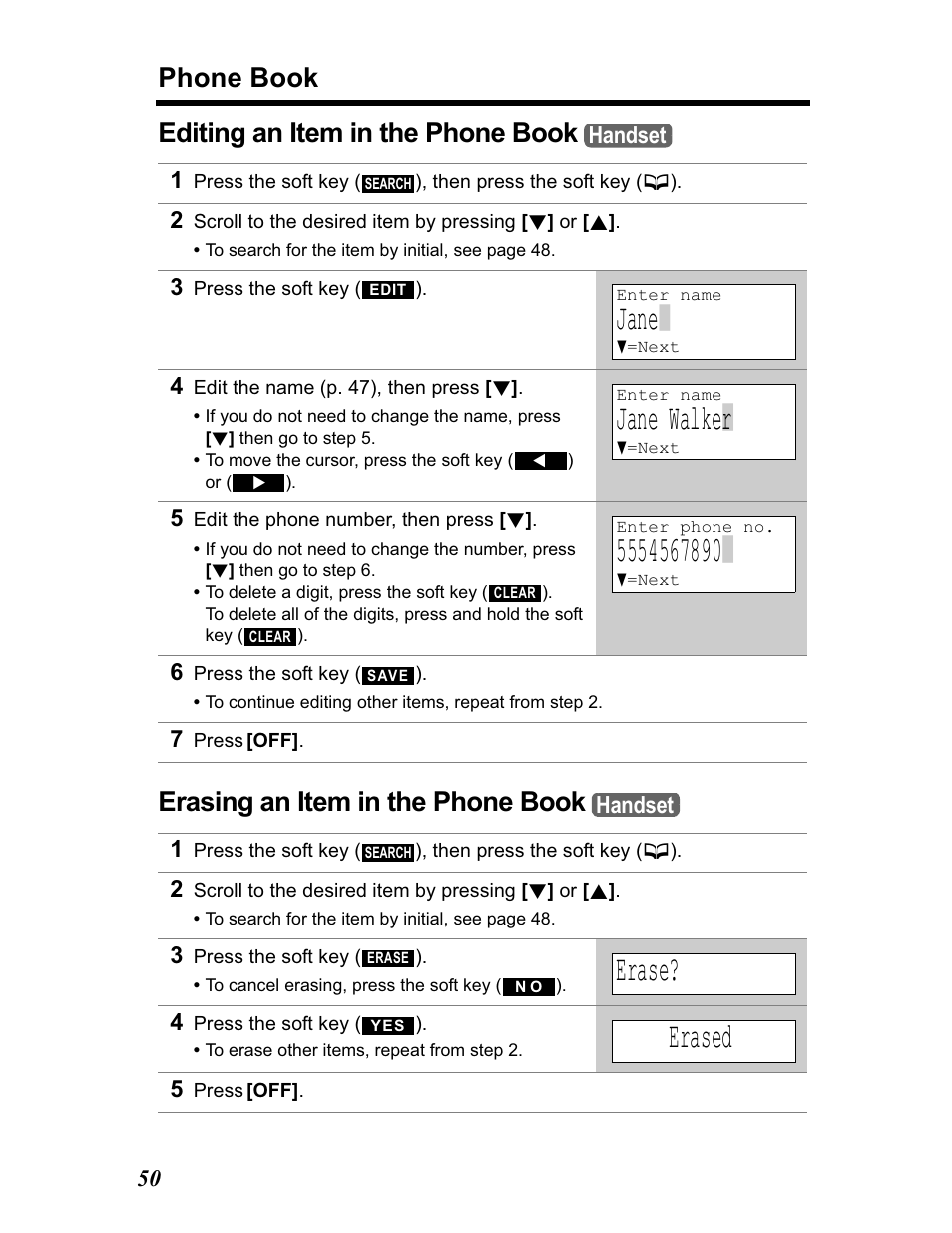 Editing an item in the phone book, Erasing an item in the phone book, Jane | Jane walke | r, Erase, Erased, Phone book | Panasonic KX-TG5480 User Manual | Page 50 / 100