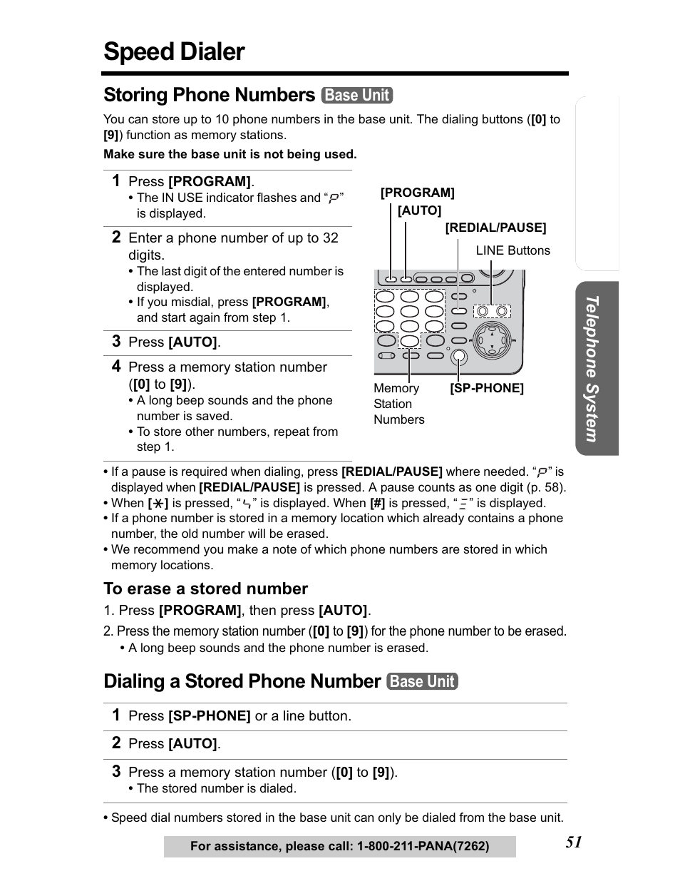 Speed dialer, Storing phone numbers, Dialing a stored phone number | Panasonic KX-TG5480 User Manual | Page 51 / 100