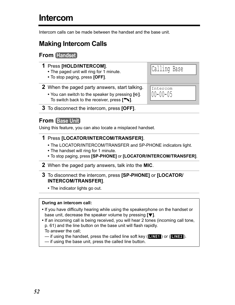 Intercom, Making intercom calls, Calling base | Panasonic KX-TG5480 User Manual | Page 52 / 100