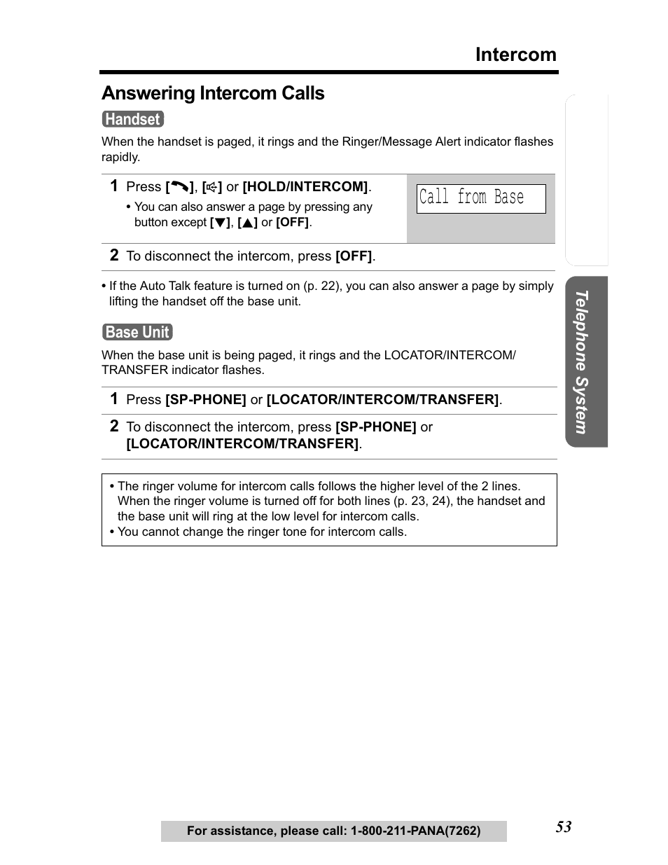 Answering intercom calls, Call from base, Intercom | Panasonic KX-TG5480 User Manual | Page 53 / 100