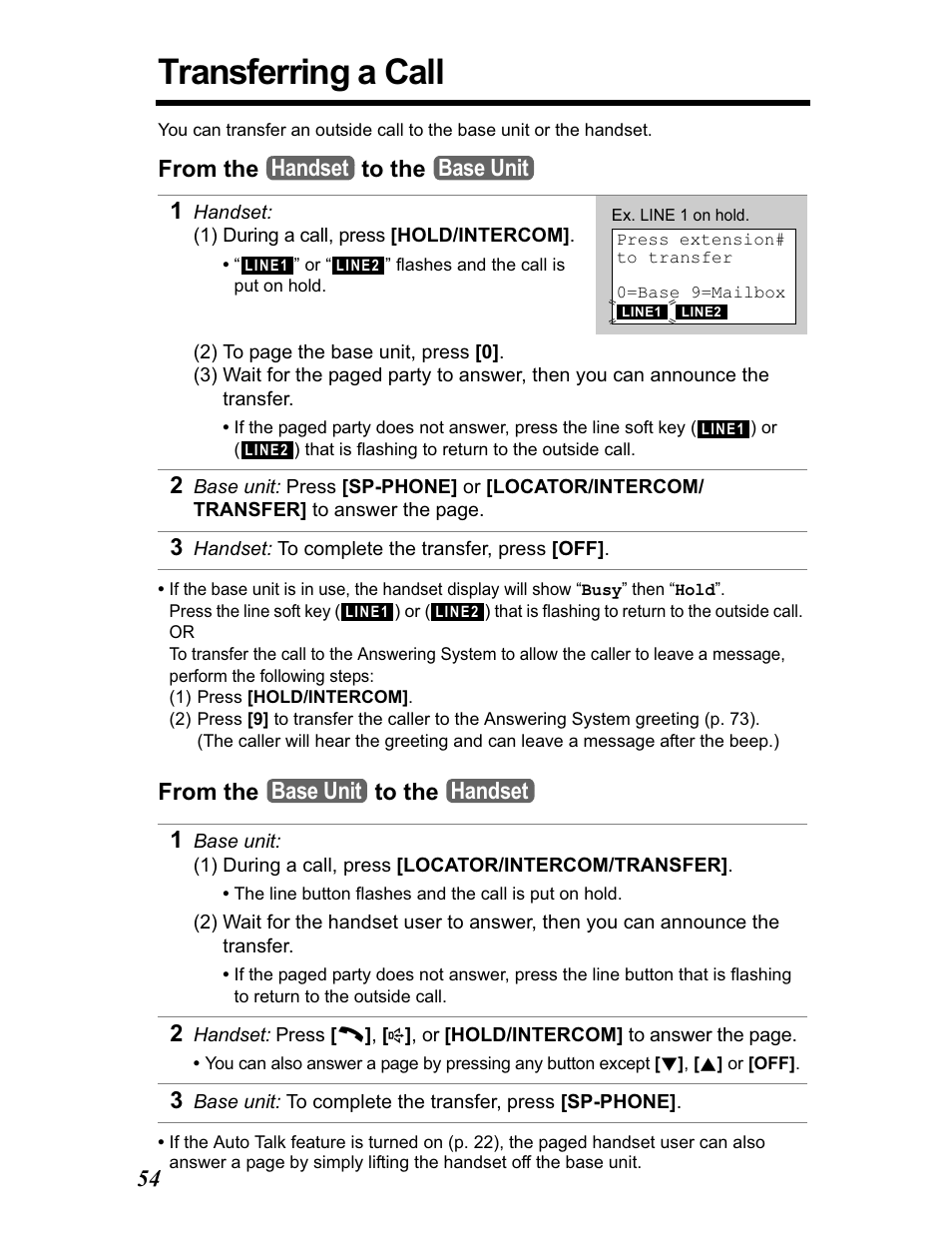 Transferring a call, Handset base unit, Base unit handset | Panasonic KX-TG5480 User Manual | Page 54 / 100